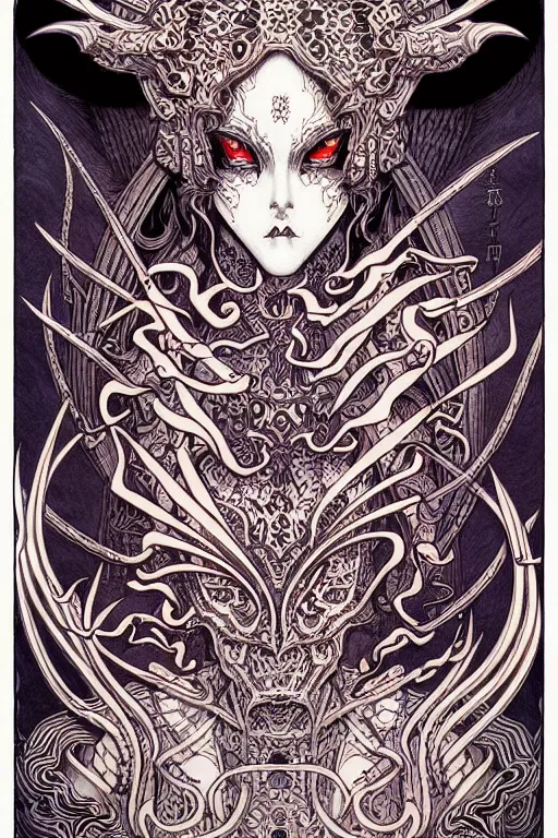 Image similar to demon, occult design with ornate pattern background, intricate linework, in the style of moebius, ayami kojima, 9 0's anime, retro fantasy