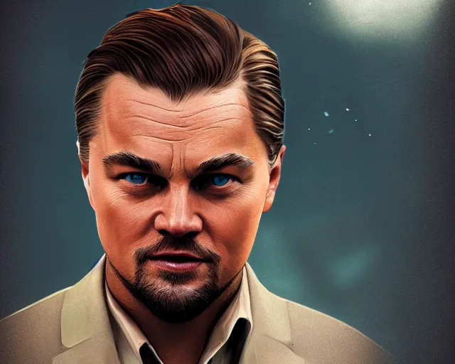 Prompt: medium shot portrait of leonardo dicaprio in don't look up, octane render, redshift, smooth, illustration, fairy lighting, clouds in the background, by dmitry prozorov, loish, and wlop, trending on artstation
