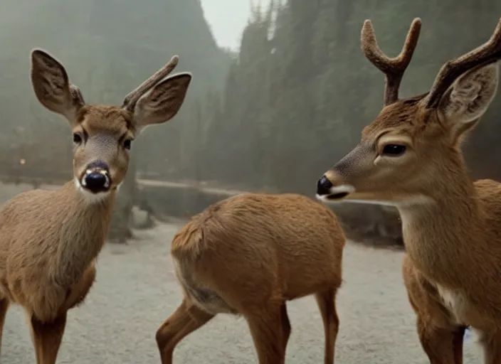 Prompt: a very high resolution image from a new movie, two deer wearing suits are eat instant noodles in a shabby temple directed by zhangke jia