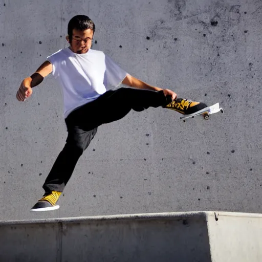 Image similar to skater wearing nike sb dunks doing a kickflip at the venice beach skatepark