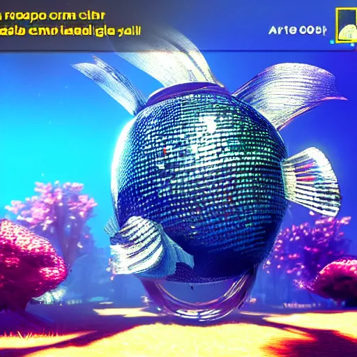 Image similar to screenshot from an AAA video game about fish that can transform to a disco ball trending on artstation