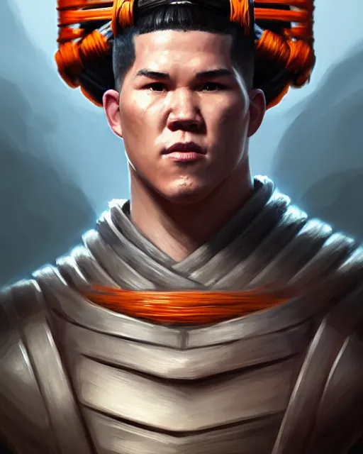 Image similar to face portrait of devin booker as a muscular ronin samurai, wearing a haori, by wlop and peter mohrbacher, dramatic action pose, extremely detailed shading, concept art, digital painting, trending on artstation, unreal engine 5, octane render, atmosphere, glow, cinematic lighting, full of color