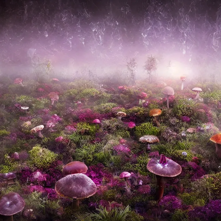 Image similar to a planet of various fungus, mushrooms, flowers and plants, inside the picture is infinity, Atmospheric, artistic photography, conceptual, long exposure outside the city, volumetric light