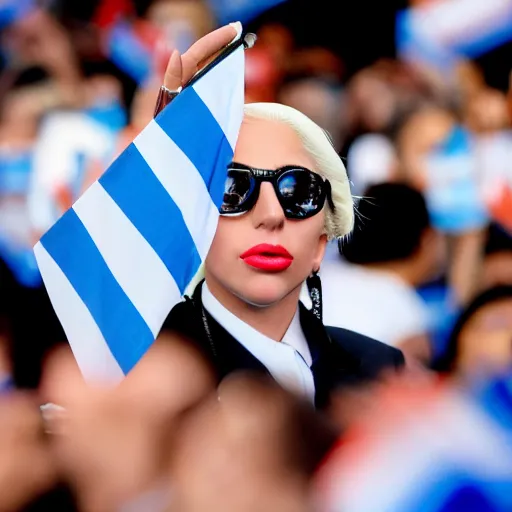 Image similar to Lady Gaga as president, Argentina presidential rally, Argentine flags behind, bokeh, giving a speech, detailed face, Argentina