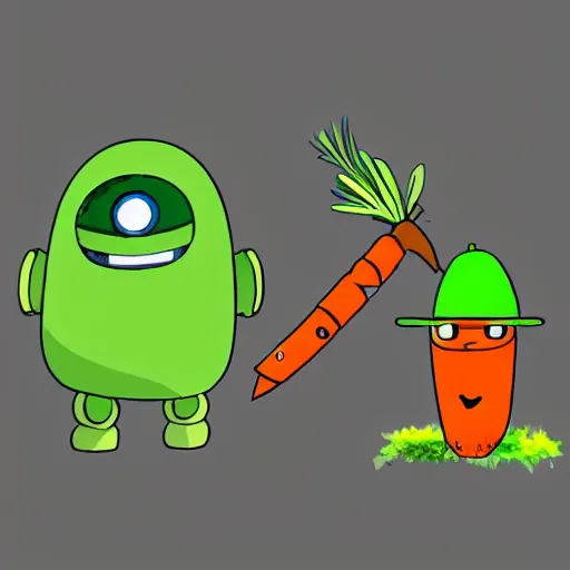 Prompt: cute little robot with big avocado hat and a carrot sword, made in abyss style