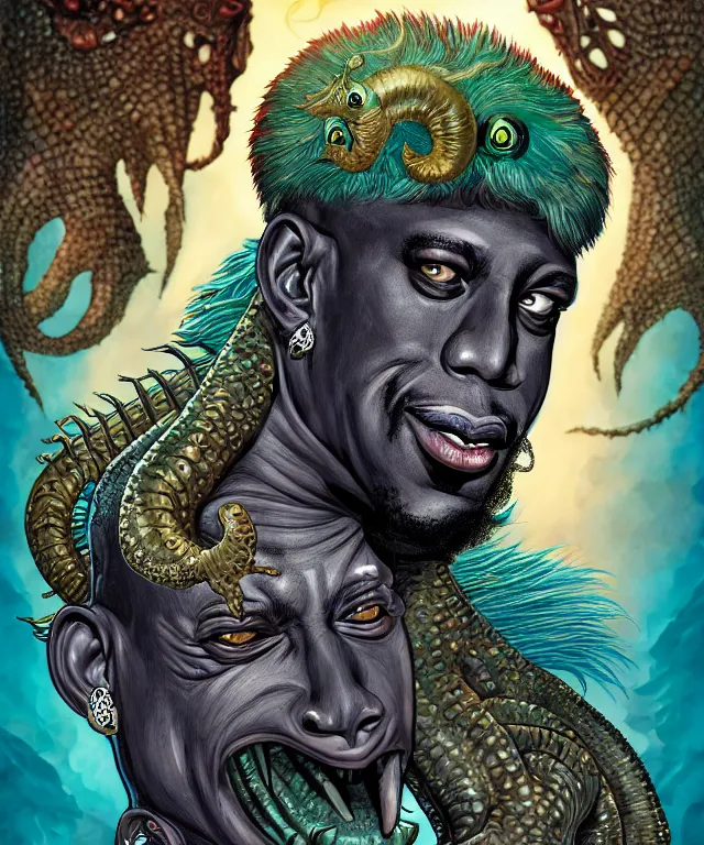 Image similar to fantasy comic style portrait of dennis rodman as a sea monster, digital illustration by ken taylor and sana takeda, hd, 4 k, intricate, highly detailed!!, character design, cover art, award winning
