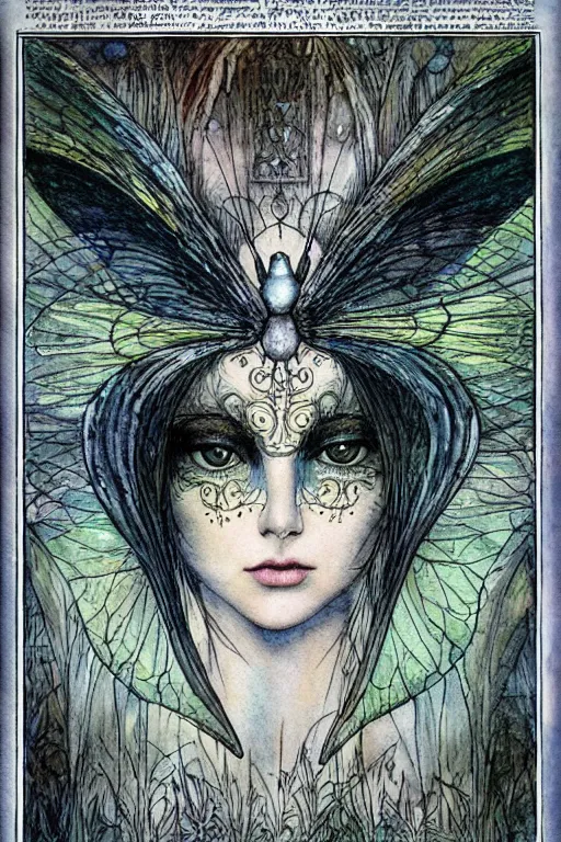 Image similar to dark fairy face closeup surrounded circular frame of moth wings, art by luis royo and walter crane and kay nielsen, watercolor illustration, ultra sharp focus