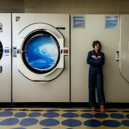 Prompt: a beautiful photo of an astronaut waiting in a laundromat, '70, soft light, morning light, photorealistic, realistic, octane, 8k, cinematic