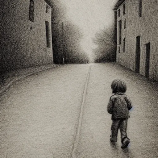 Image similar to rich detailed pencil drawing of little nicholas walking along a lonely village street, by jean - jacques sempe