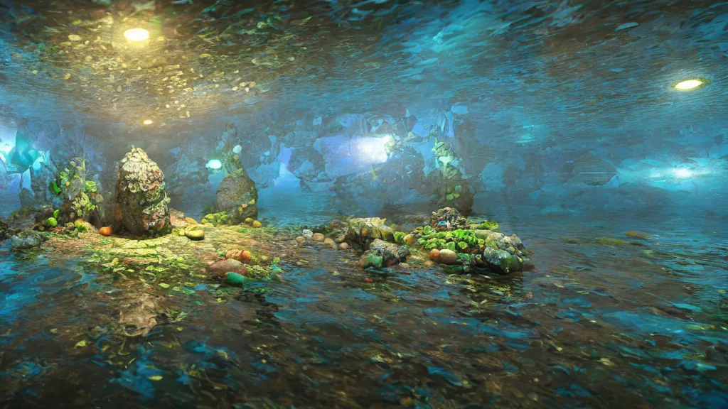 Prompt: Vivid ultra realist and ultra intricate detailed 3d render of an underwater environment, ruins, translucid eggs, bubbles, elegant, reflections, focus, volumetric water, rainbow lighting, award winning, trending in cgsociety artstation deviant art, octane render, by Beeple