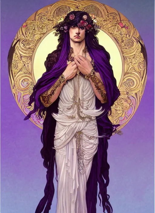 Prompt: thanatos, beautiful male god of death, long hair, wearing ornate silk and lace clothes, gold jewelry, moon, purple feathers, by Alphonse Mucha, by artgerm, super detailed, 8k