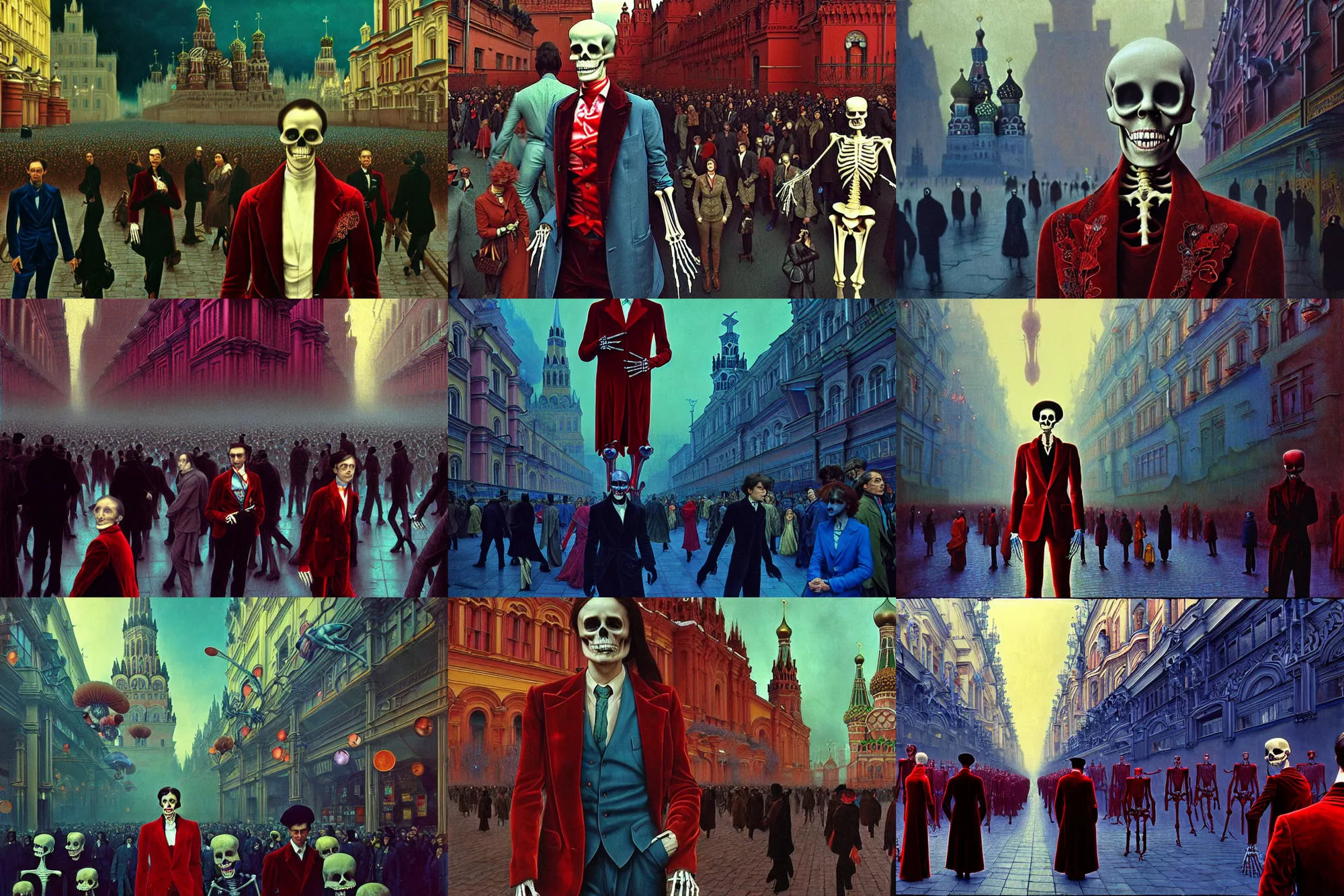 Image similar to realistic detailed photorealistic film portrait shot of a single skeleton wearing crimson velvet blazer in a crowded futuristic moscow street by Denis Villeneuve, Amano, Yves Tanguy, Alphonse Mucha, Ernst Haeckel, Andrei Tarkovsky, Edward Robert Hughes, Roger Dean, rich moody colours, wide angle, blue eyes