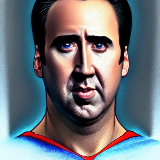 Image similar to upper body portrait of nicolas cage as superman, intricate, elegant, highly detailed, digital painting, artstation, concept art, smooth, sharp focus, illustration, art by artgerm and greg rutkowski and alphonse mucha, award winning, 8 k