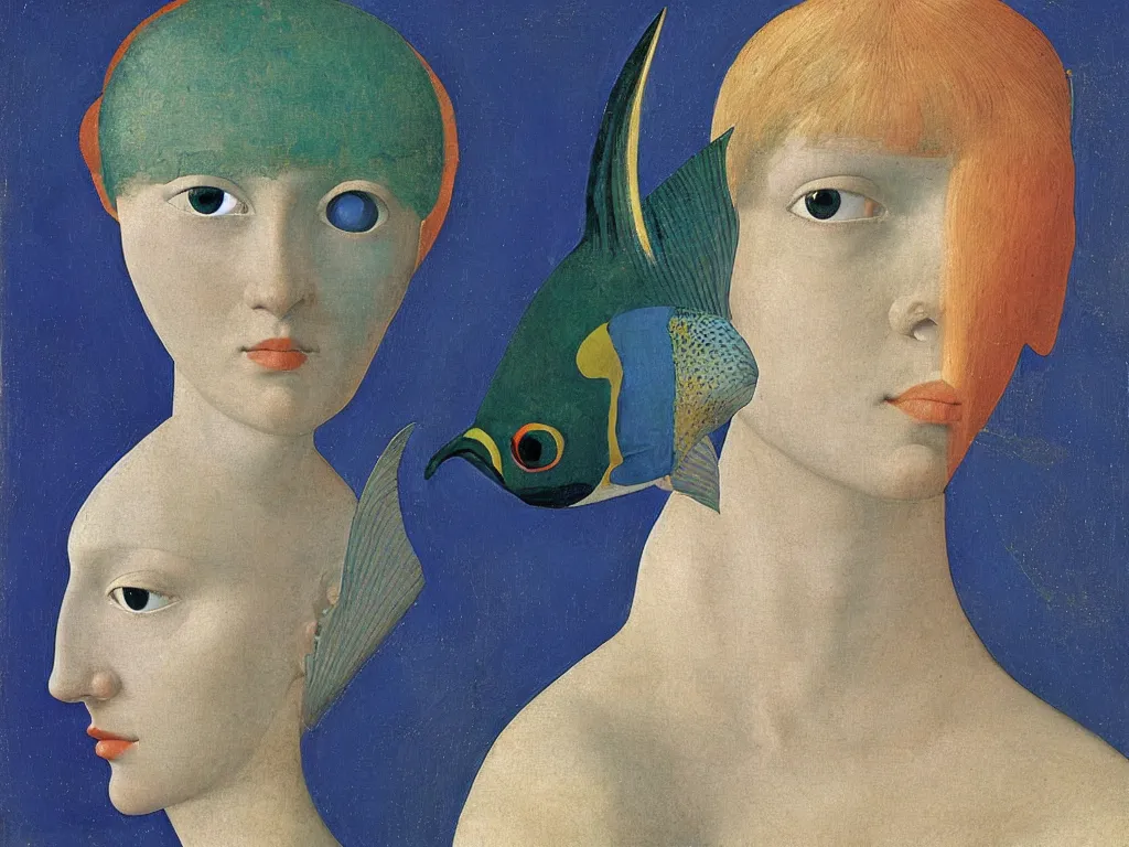 Image similar to portrait of a woman head with close up exotic blue - faced angelfish fish. lapis lazuli, malachite, cinnabar, gold. painting by piero della francesca, balthus, agnes pelton