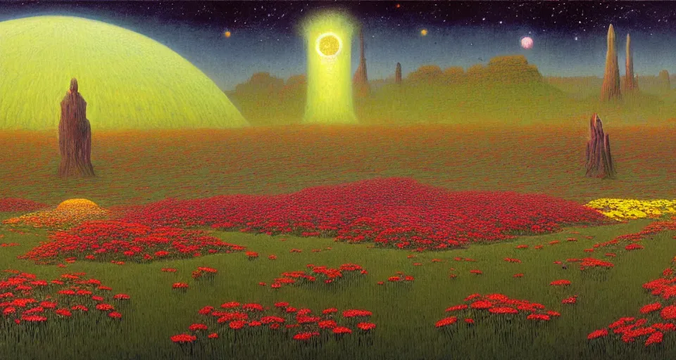 Image similar to a beautiful painting of a large perfectly cut hedge garden a field of flowers by moebius, underneath a star filled night sky, harold newton, zdzislaw beksinski, donato giancola, warm coloured, gigantic pillars and flowers, maschinen krieger, beeple, star trek, star wars, ilm, atmospheric perspective