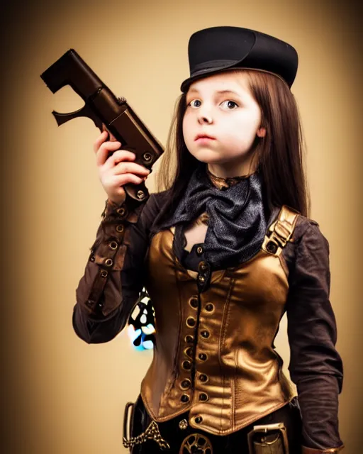 Image similar to Young girl in steampunk clothes, she wears boots and holds a gun, full body shot, sharp focus, photography, very detailed, dark hair, by nikon, by Iphone, 4k