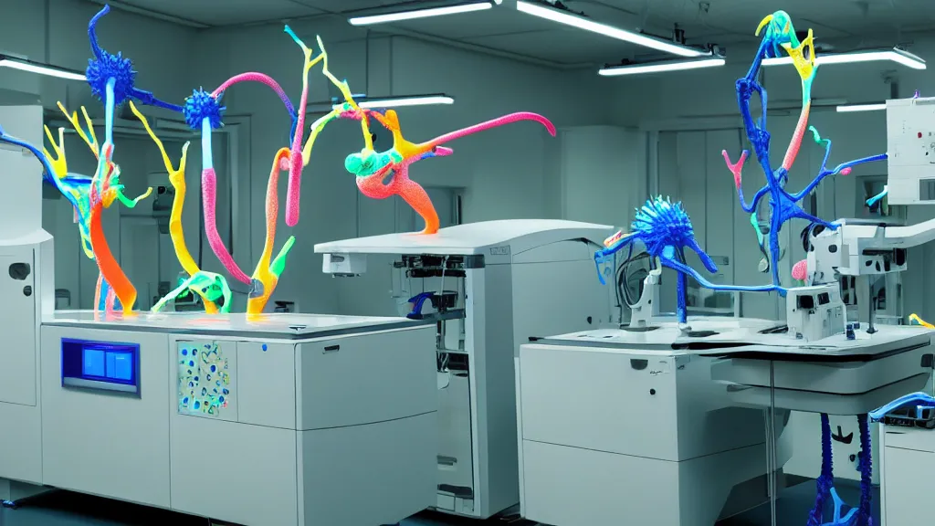 Image similar to a complex bifurcated surgical arm hybrid mri 3 d printer machine making colorful mutant forms with control panels in the laboratory inspection room, film still from the movie directed by denis villeneuve with art direction by salvador dali, wide lens