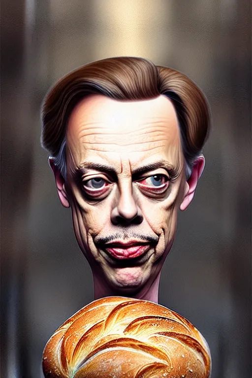 Image similar to beautiful portrait half steve buscemi wearing sourdough bread, by greg rutkowski