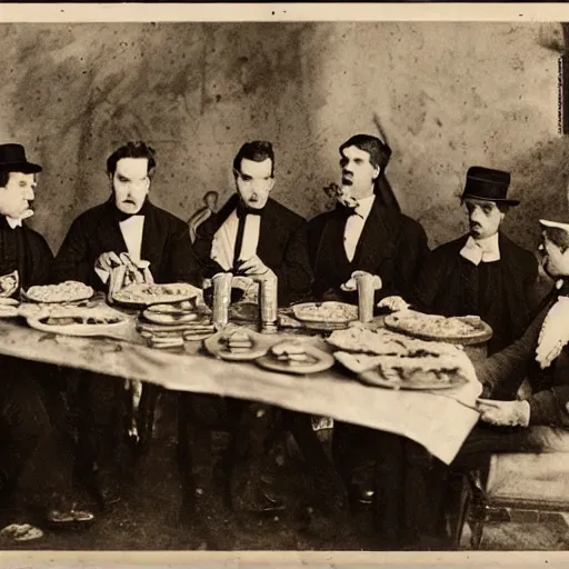 Prompt: a bunch of victorian era vampires eating pizza in tel aviv