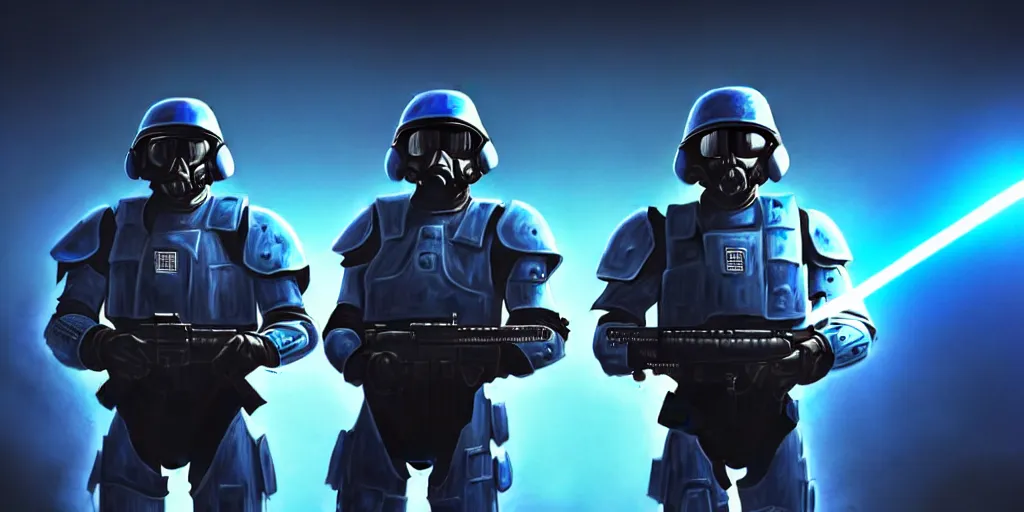 Image similar to A very detailed sketch of two soldiers with blue laser rifles wearing black power armour with blue sprites and full helmets with blue visors, night, fog, a complicated chrome-plated spaceship with blue lights in the background, realistic 4k octane beautifully detailed render, 4k post-processing, highly detailed, intricate complexity, epic composition, magical atmosphere, cinematic lighting, masterpiece, ultra hd