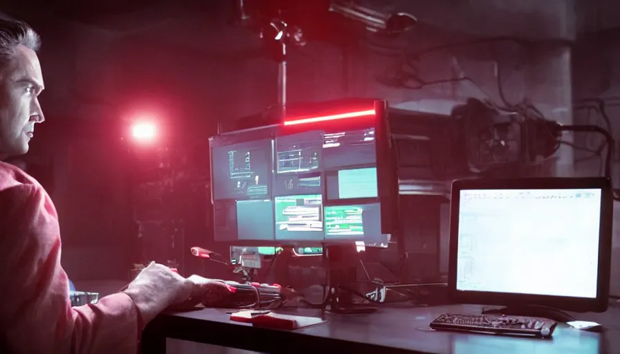 Image similar to big budget action movie about an evil scientist using a computer, a red glow is coming from the screen