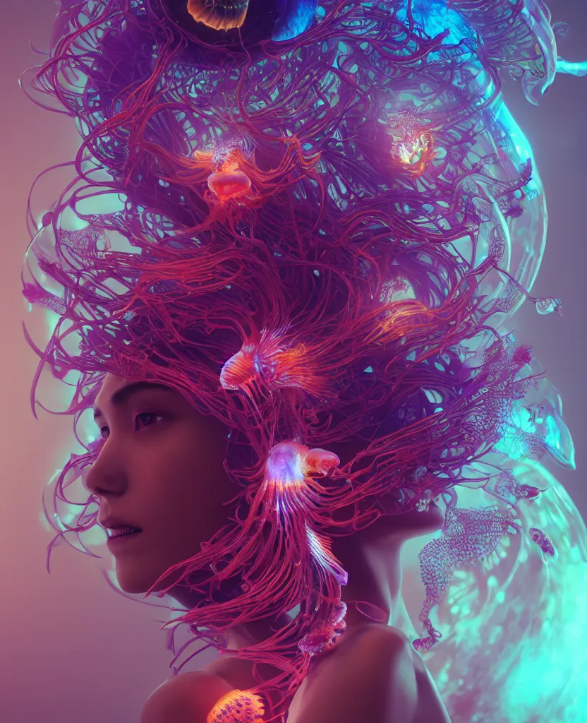 Image similar to goddess close-up portrait. orchid jellyfish phoenix head, nautilus, skull, betta fish, bioluminiscent creatures, intricate artwork by Tooth Wu and wlop and beeple. octane render, trending on artstation, greg rutkowski very coherent symmetrical artwork. cinematic, hyper realism, high detail, octane render, 8k