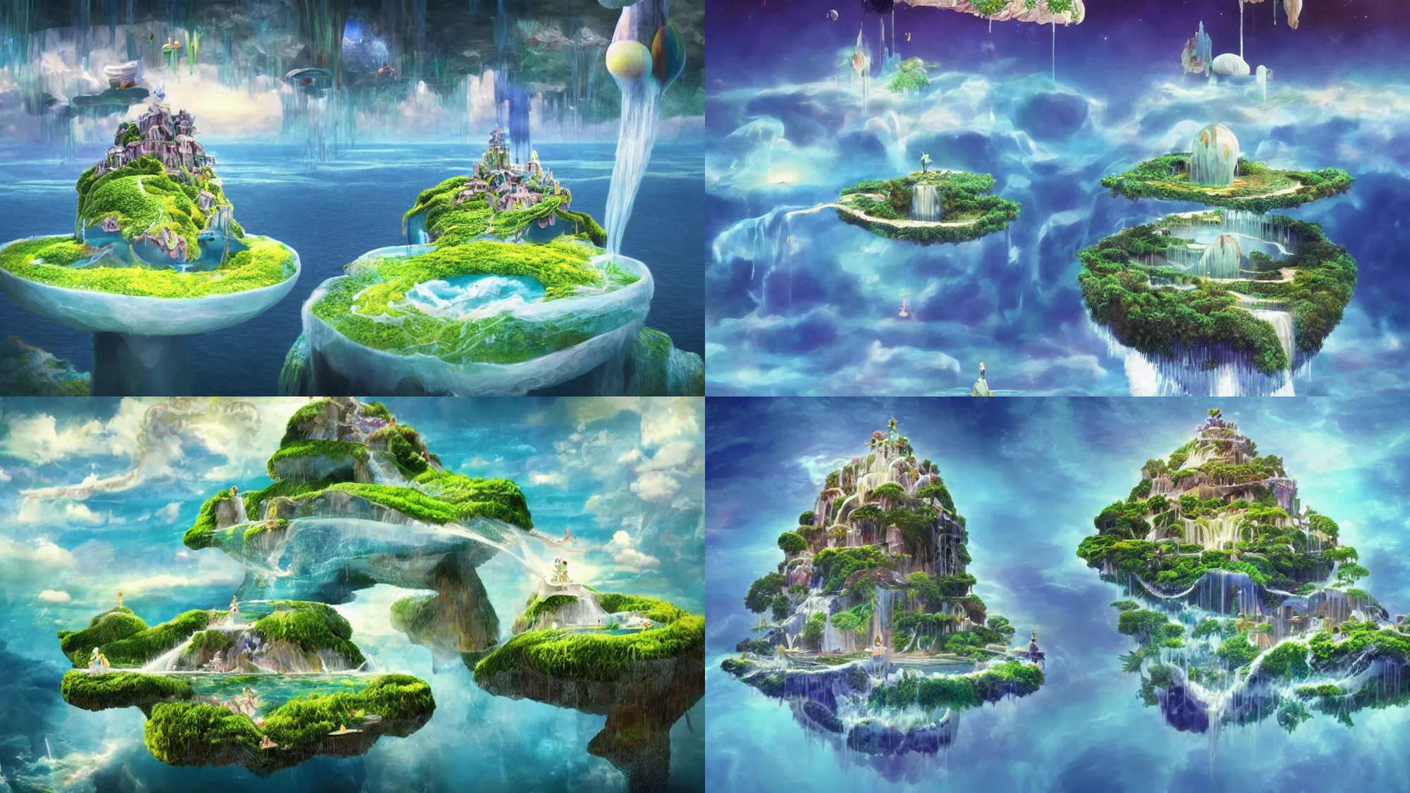 Prompt: floating islands with waterfalls connecting each other whimsical surrealism, based on child's drawing, lsd trip, dream recording, deep - space imaging fantastical setting isometric view octane render, art by salvador dali, studio ghibli