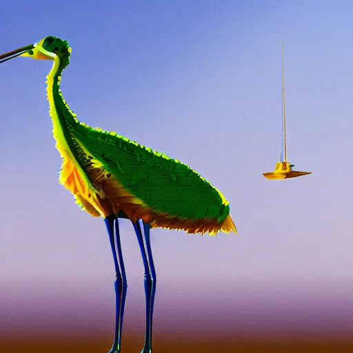 Image similar to a hybrid of a crane and a frog on the background of a blue sunset, photorealism, 4 k