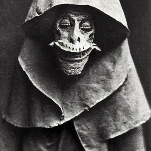 Prompt: hermit alchemist wearing scary headmask made of wood, 1900s photograph