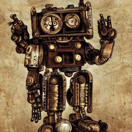 Image similar to robot, steampunk, art by da vinci