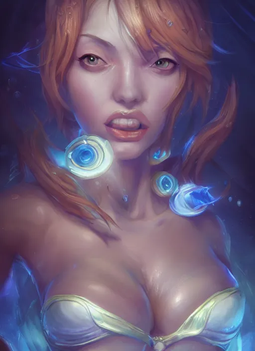 Prompt: nami, from league of legends, au naturel, underwater, hyper detailed, digital art, trending in artstation, cinematic lighting, studio quality, smooth render, unreal engine 5 rendered, octane rendered, art style by klimt and nixeu and ian sprigger and wlop and krenz cushart