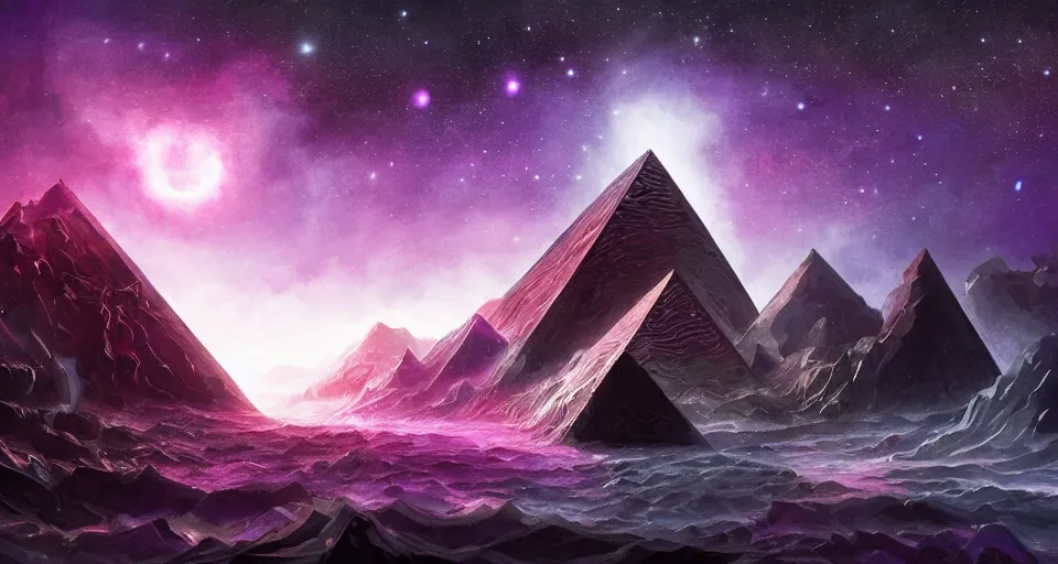 Image similar to black lovecraftian eldritch!! obsidian! pyramid!! surrounded by dark sea, cosmic purple space!, bright stars, nebula, sky background by eugene von guerard, ivan shishkin, night, concept art, trending on artstation, 8 k