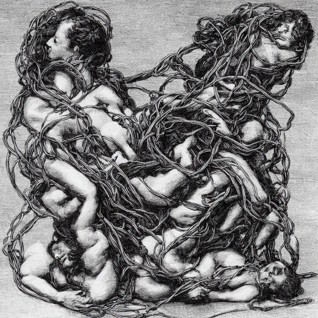 Image similar to a woman entangled in the thick black cables in the style of the laocoon of the vatican