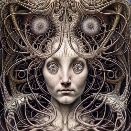 Prompt: detailed realistic beautiful calaveras goddess portrait by jean delville, gustave dore, iris van herpen and marco mazzoni, art forms of nature by ernst haeckel, art nouveau, symbolist, visionary, gothic, neo - gothic, pre - raphaelite, fractal lace, intricate alien botanicals, biodiversity, surreality, hyperdetailed ultrasharp octane render