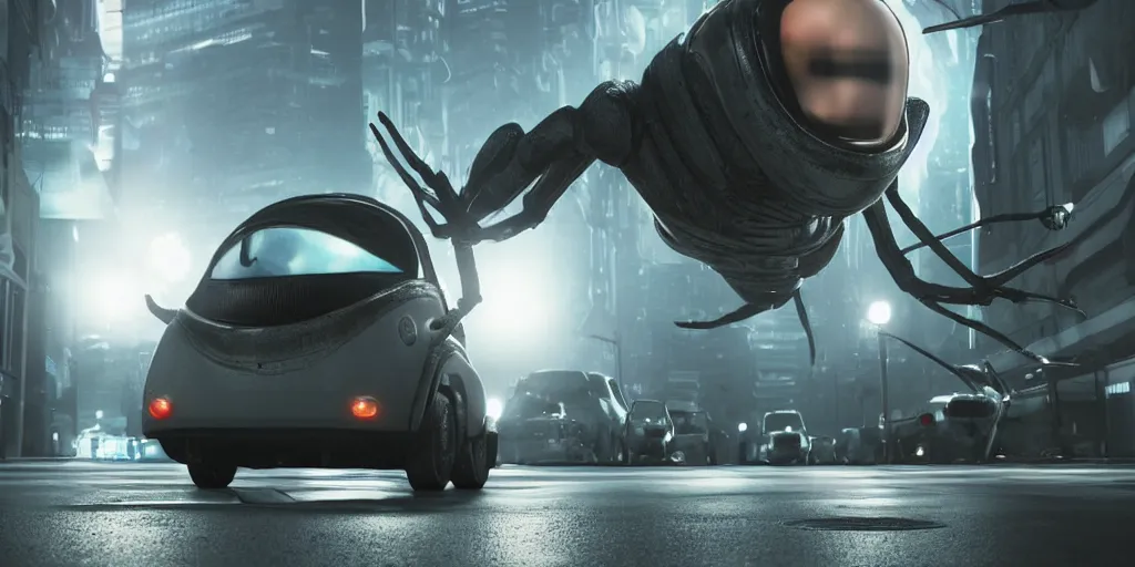 Prompt: low - angle medium shot of a bug space alien from the future on the first day of driver's ed learns to parallel park. 8 k, 4 k, hq, 3 d render, digital art, dramatic lighting, comedy, science fiction, hyper realistic, ultra detailed. style of fifth element ( film )