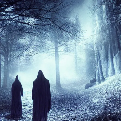 Prompt: high contrast, distant hooded figures, hdr, luminescent invocations, diffuse magic, movie still, intricate highly detailed mystical prisms, fully photorealistic, artstation, beautiful concept art, smoothened, sharp luminescent focus, nd 6, sony fx 6