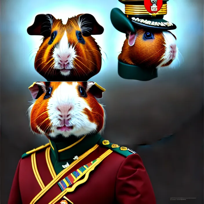 Image similar to guinea pig general wearing his uniform, looking proud as if he had won the battle. award winning, portrait bust, symmetry, faded colors, by larry elmore, masterpiece, trending on artstation, cinematic composition, beautiful lighting, hyper detailed!!!, 8 k, oil on canvas