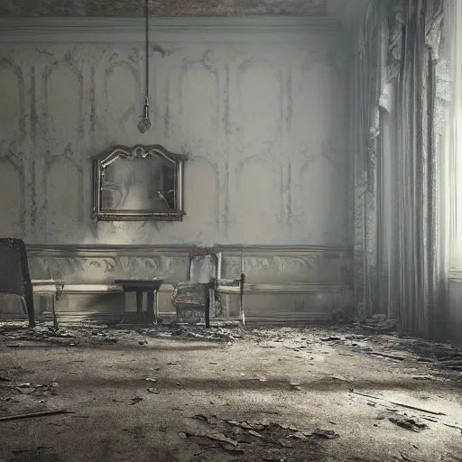 Prompt: a painting of an indoor view of a creepy abandoned mansion, eerie, ominous, volumetric lighting, octane render