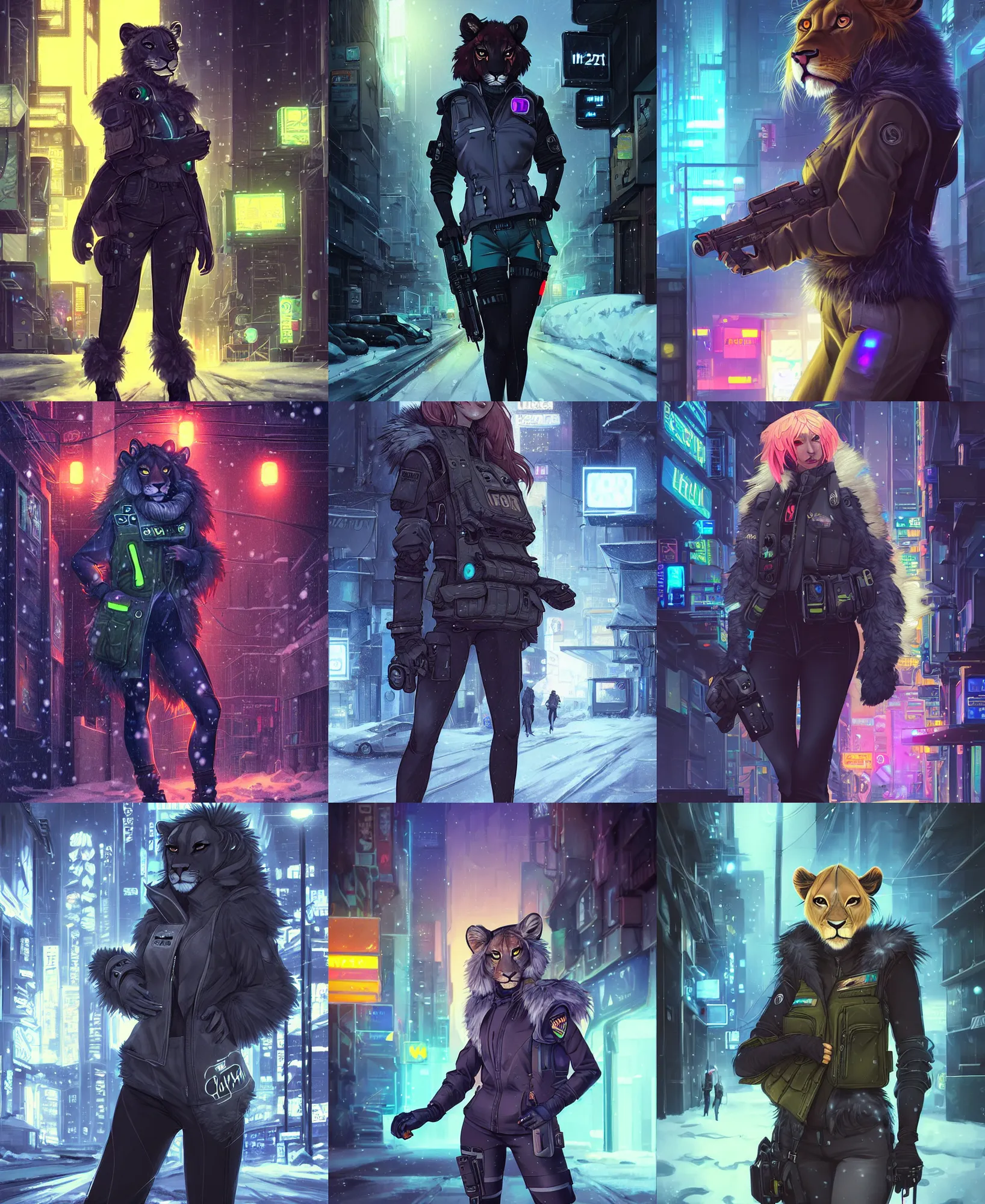 Prompt: beautiful furry art portrait commission of a female furry anthro lioness fursona wearing a tactical flak vest in the streets of a cyberpunk city at night in the snow. neon light. character design by charlie bowater, ross tran, artgerm, and makoto shinkai, detailed, inked, western comic book art