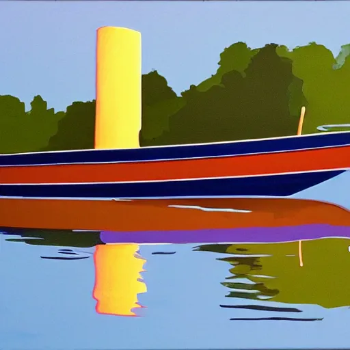 Image similar to artdeco river boat in the deep south, evening sun, intense lighting, hyper realistic, gouache