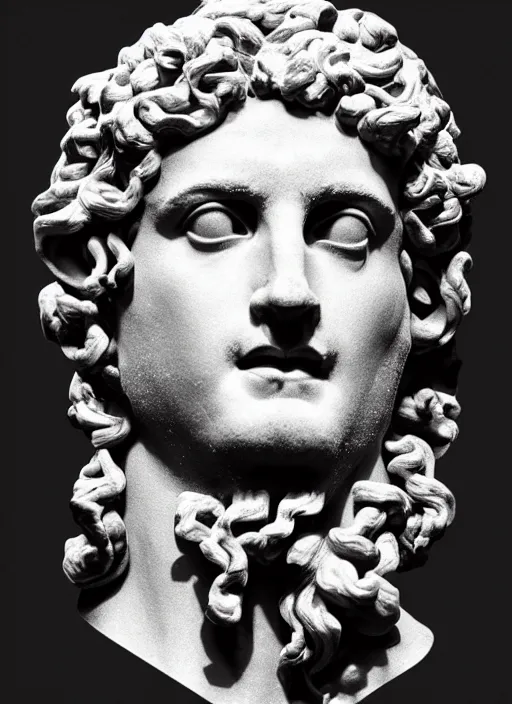 Prompt: bust of dionysus, black background, strong contrast, cuts, pinterest, trending on artstation