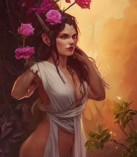 Image similar to Attractive Tiefling Druid,full body, holding flowers, dungeons and dragons portrait, highly detailed, digital painting, artstation, concept art, sharp focus, illustration, art by artgerm and greg rutkowski and alphonse mucha