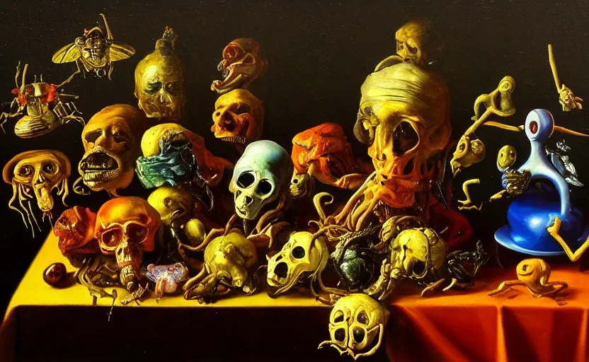 Prompt: disturbing colorful oil painting dutch golden age vanitas still life with bizarre recursive humanoid faces strange objects shiny gooey surfaces shiny metal bizarre insects rachel ruysch dali todd schorr very detailed perfect composition rule of thirds masterpiece canon 5 0 mm, cinematic lighting, chiaroscuro