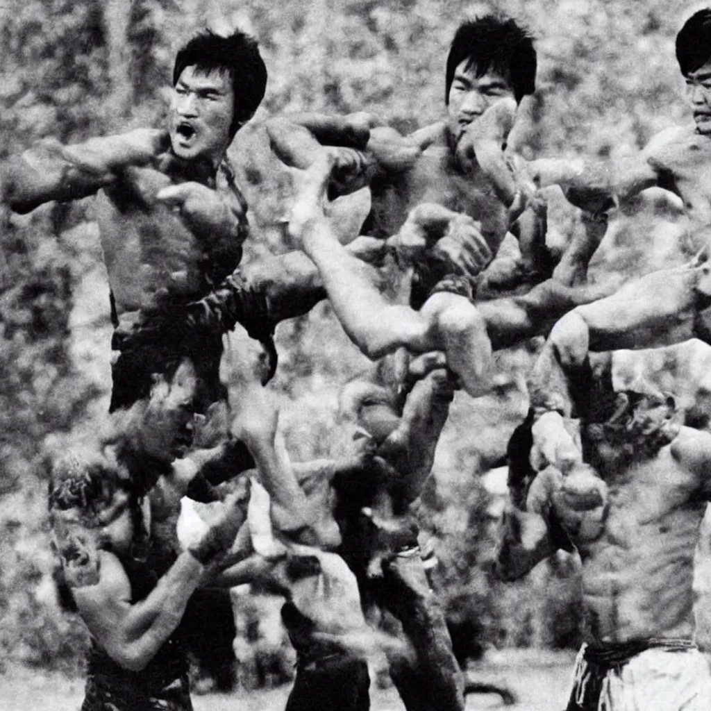 Prompt: nepali actor rajesh hamal fighting bruce lee in a historic old photograph