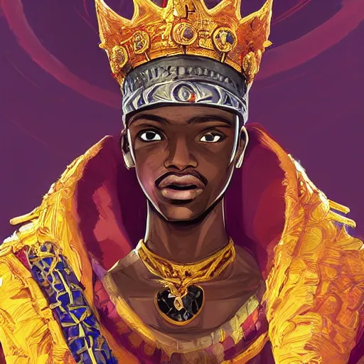 Image similar to a young black boy dressed like an african moorish warrior in gold armor and a crown with a ruby, and a very ornate glowing scimtar, for honor character digital illustration portrait design, by android jones in a psychedelic fantasy style, dramatic lighting, hero pose, wide angle dynamic portrait