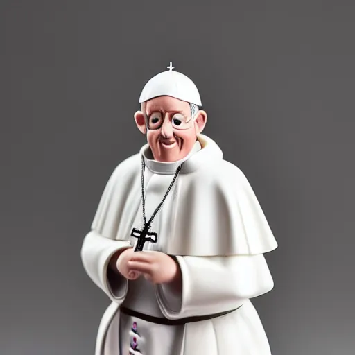 Prompt: the pope with a dress as vinyl toy by pay jay figure, studio product photography, moody lighting, single strobe light, low - key light, studio light, sigma 1 0 5 mm f 2. 8