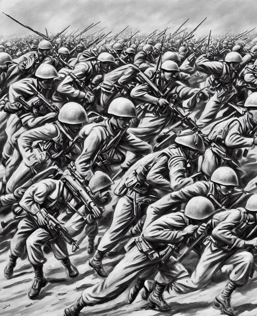 Image similar to a beautiful painting of running soldiers in el alamein battle, wwii,, black and white, painted by escher