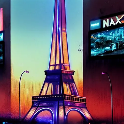 Image similar to A beautiful intricate 8K award-winning ground-level cinematic movie photograph of the future destroyed and decaying Eiffel Tower made of neon, surrounded by broken corporate video billboard displays. in the year 2050, by Bruno Delbonnel and greg rutkowski. Arri Alexa 65, IMAX 70mm footage. Dirty billboards. Cinematic lighting