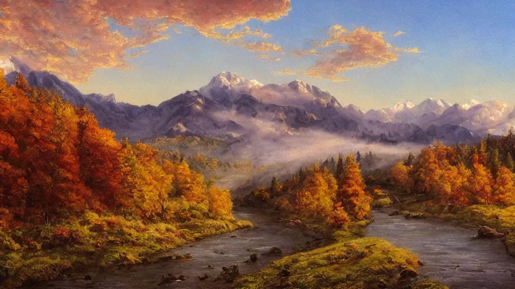 Prompt: The most beautiful panoramic landscape, oil painting, where the mountains are towering over the valley below their peaks shrouded in mist, the sun is just peeking over the horizon producing an awesome flare and the sky is ablaze with warm colors, lots of birds and stratus clouds. The river is winding its way through the valley ending in a giant dreamy waterfall, the trees are starting to turn yellow and red, by Greg Rutkowski, aerial view