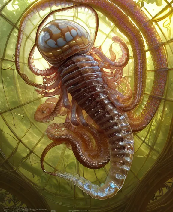 Prompt: intricate ornate opulent transparent clear see - through portrait of a horrific beautiful male human isopod nautilus snake, adorable, childlike, overgrown biopunk jungle environment, ultra realistic, concept art, art nouveau, photorealistic, octane render, 8 k, unreal engine. art by christopher marley and artgerm and greg rutkowski and alphonse mucha